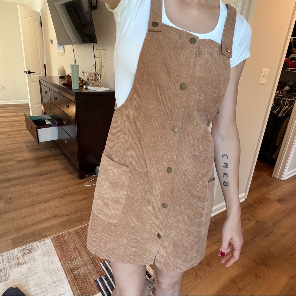 Brown Corduroy Button-Front Pinafore Fall Dress